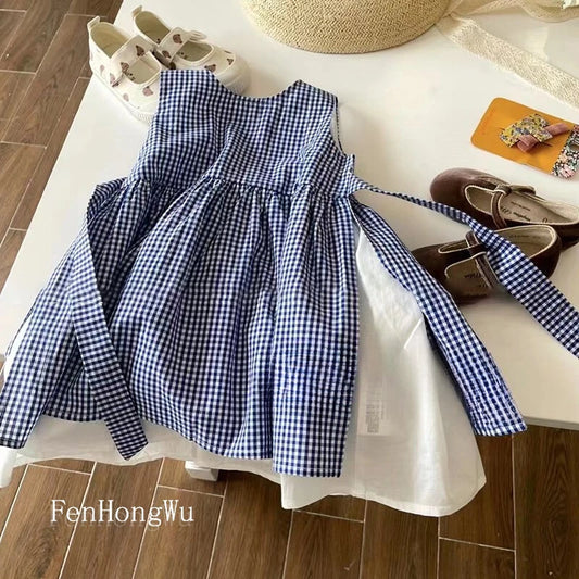 Plaid Dress Summer New Korean Fashionable Loose Casual Sleeveless Plaid Patchwork Dress Kids Clothes Girls