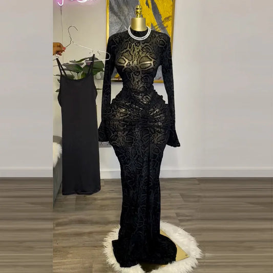 Women's clothing 2025 spring new style temperament semi high collar lace long sleeved waisted hip one-step skirt long skirt