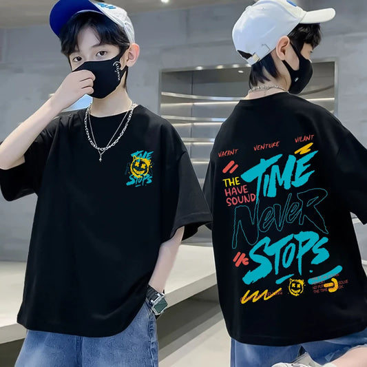 Korean Children's Clothes 2025 Boys Hip Hop Graphic T Shirts Summer Loose Cotton Short Sleeve Tops Tees Kids Clothing 9 10 Years