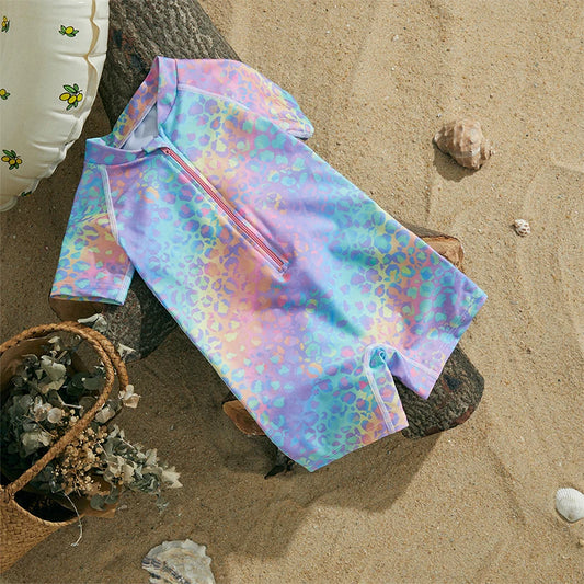 MISOWMNJOY New Baby Girl Boy Swimsuits Bikini Beach Wear Summer Leopard Print Zipper Short Sleeve Swimwear for Kid Bathing Suits