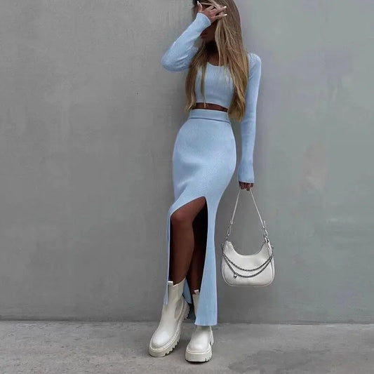 Women's Clothing 2025 Autumn and Winter Solid Color Knitted Skirt Suit Slit Long Sleeve Long Skirt T-shirt Two-piece Set